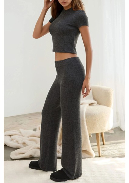 Kadın Elastik Bel Yumuşak Dokulu Örme Pantolon Grey