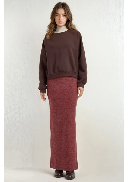 Kadın Elastik Bel Yumuşak Dokulu Yırtmaçlı Etek Bordo Kırmızı fiyatları