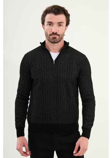 Çizgili Slim Fit Fermuarlı Yarım Balıkçı Yaka Şönil Kumaş Erkek Triko Kazak
