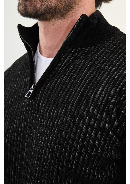 Çizgili Slim Fit Fermuarlı Yarım Balıkçı Yaka Şönil Kumaş Erkek Triko Kazak fiyatları