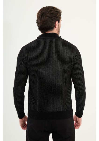 Çizgili Slim Fit Fermuarlı Yarım Balıkçı Yaka Şönil Kumaş Erkek Triko Kazak fırsatları