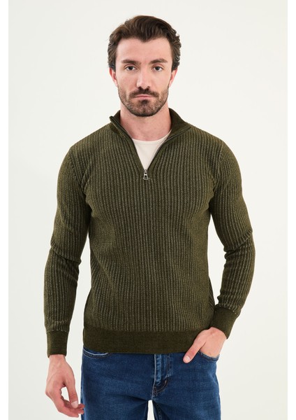 Çizgili Slim Fit Fermuarlı Yarım Balıkçı Yaka Şönil Kumaş Erkek Triko Kazak