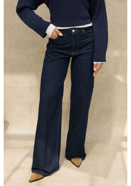 Kadın Geniş Paça Raw Kot Pantolon Koyu Mavi Denim