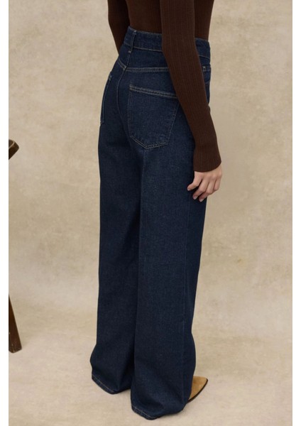 Kadın Geniş Paça Raw Kot Pantolon Koyu Mavi Denim fiyatları