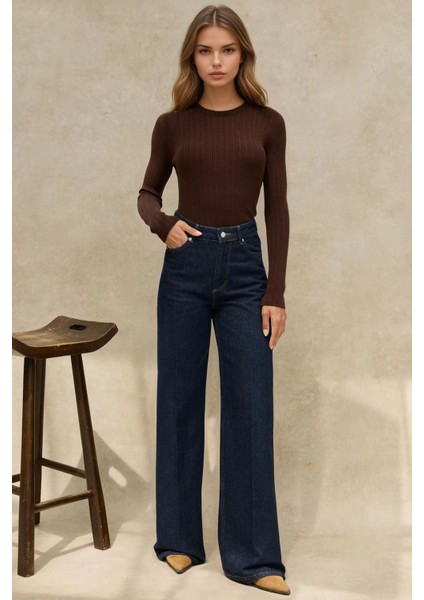 Kadın Geniş Paça Raw Kot Pantolon Koyu Mavi Denim fırsatları