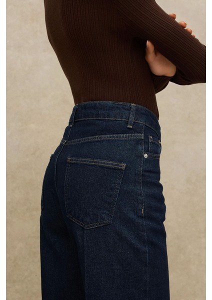 Kadın Geniş Paça Raw Kot Pantolon Koyu Mavi Denim modelleri