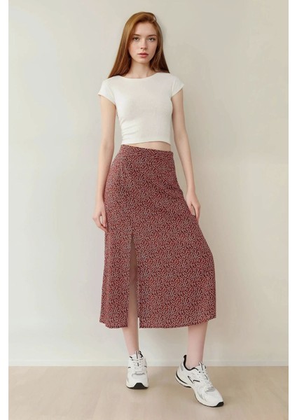 Kadın Çiçek Desenli Yüksek Bel Midi Etek Red fiyatları