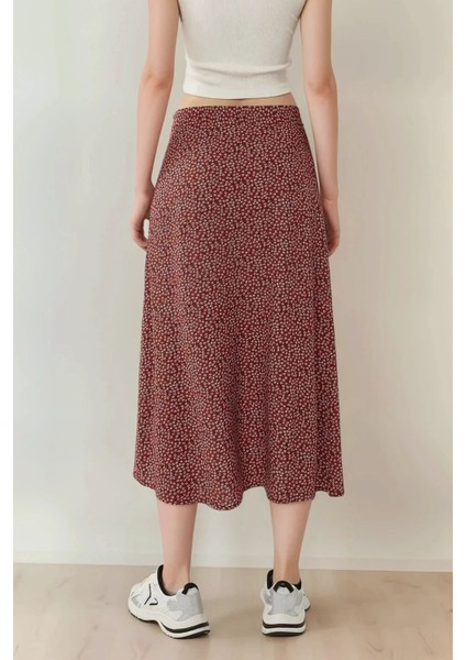 Kadın Çiçek Desenli Yüksek Bel Midi Etek Red fırsatları