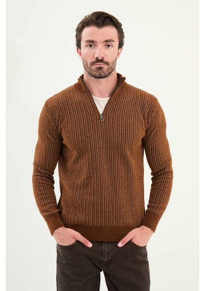 Çizgili Slim Fit Fermuarlı Yarım Balıkçı Yaka Şönil Kumaş Erkek Triko Kazak