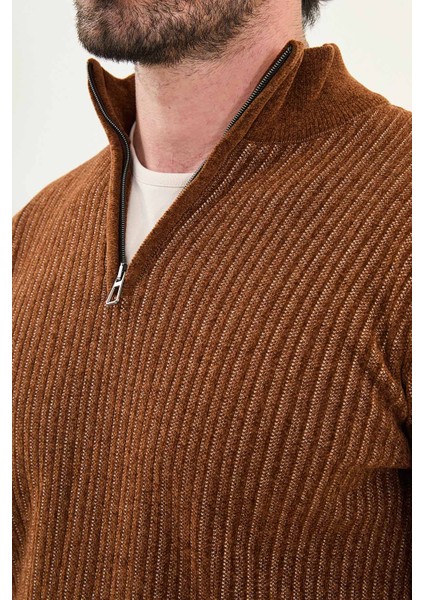 Çizgili Slim Fit Fermuarlı Yarım Balıkçı Yaka Şönil Kumaş Erkek Triko Kazak fiyatları