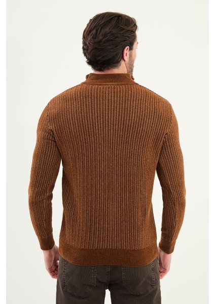 Çizgili Slim Fit Fermuarlı Yarım Balıkçı Yaka Şönil Kumaş Erkek Triko Kazak modelleri