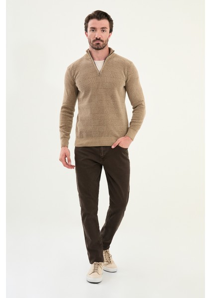 Desenli Slim Fit Fermuarlı Yarım Balıkçı Yaka Şönil Kumaş Erkek Triko Kazak modelleri