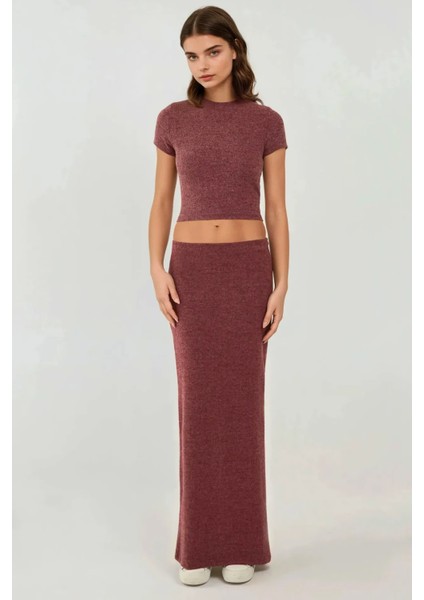 Kadın Elastik Bel Yumuşak Dokulu Yırtmaçlı Etek Bordo Kırmızı