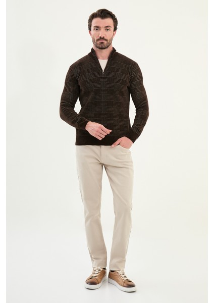 Desenli Slim Fit Fermuarlı Yarım Balıkçı Yaka Şönil Kumaş Erkek Triko Kazak modelleri