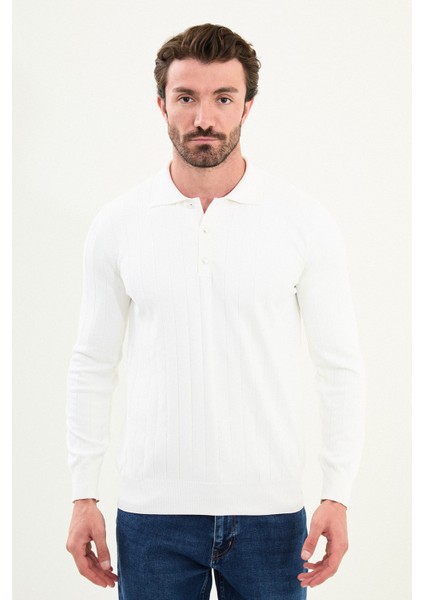 Çizgili Slim Fit Polo Yaka Erkek Triko Kazak