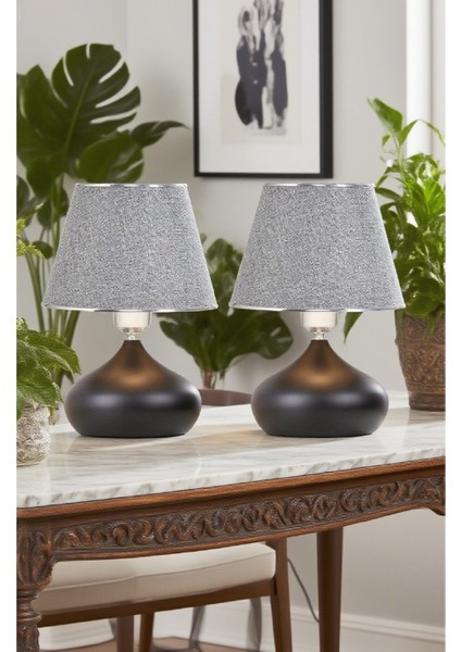 2 Adet Elips Masa Abajur Metal Gövde Kumaş Başlık Aydınlatma