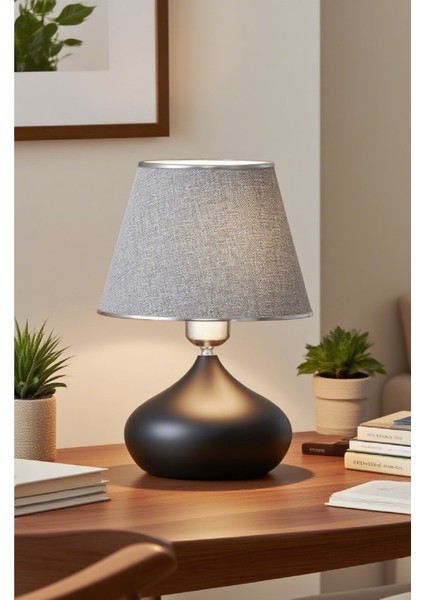 2 Adet Elips Masa Abajur Metal Gövde Kumaş Başlık Aydınlatma