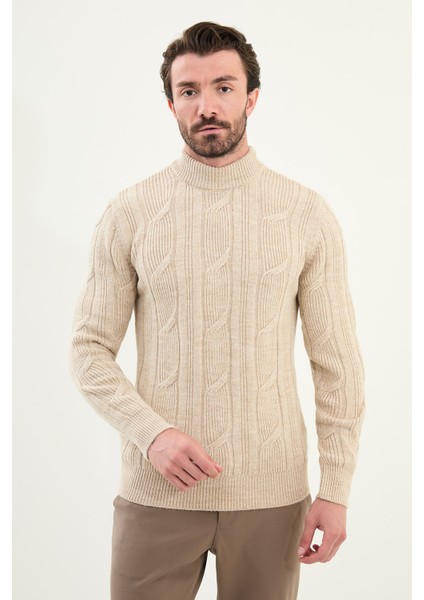 Örgü Desenli Slim Fit Yarım Balıkçı Yaka Yün Erkek Triko Kazak