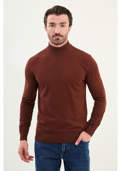 Düz Slim Fit Yarım Balıkçı Yaka Erkek Triko Kazak