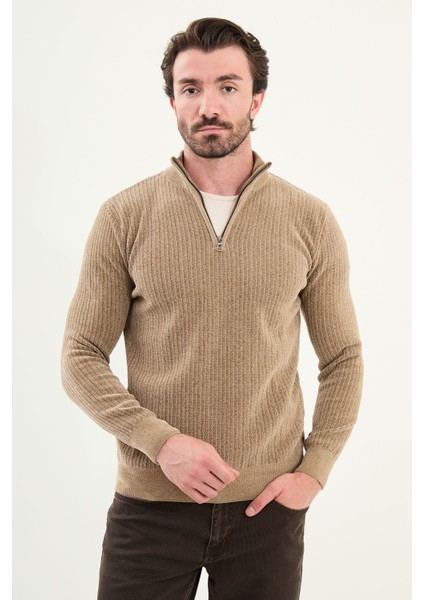 Çizgili Slim Fit Fermuarlı Yarım Balıkçı Yaka Şönil Kumaş Erkek Triko Kazak