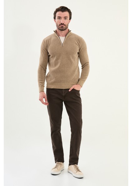 Çizgili Slim Fit Fermuarlı Yarım Balıkçı Yaka Şönil Kumaş Erkek Triko Kazak modelleri