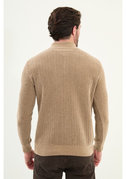 Çizgili Slim Fit Fermuarlı Yarım Balıkçı Yaka Şönil Kumaş Erkek Triko Kazak fırsatları