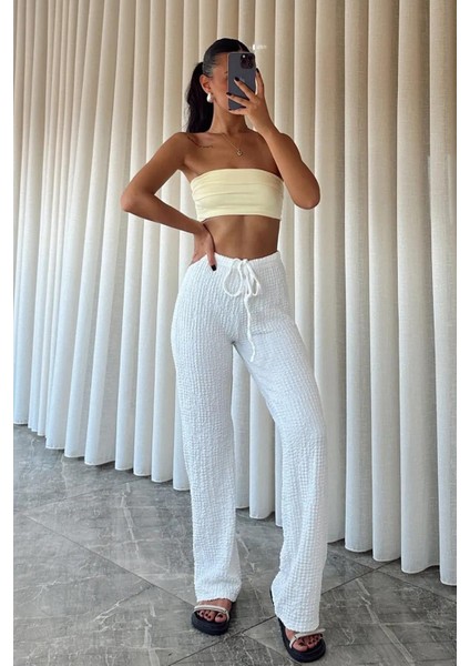 Kadın Dokulu Yüksek Bel Bağcıklı Pantolon – Yazlık Rahat Kesim