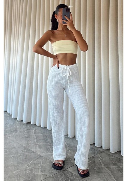 Kadın Dokulu Yüksek Bel Bağcıklı Pantolon – Yazlık Rahat Kesim fiyatları