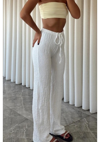 Kadın Dokulu Yüksek Bel Bağcıklı Pantolon – Yazlık Rahat Kesim fırsatları