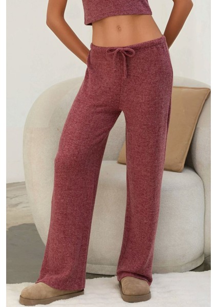 Kadın Bağcıklı Yumuşak Dokulu Örme Pantolon Bordo Kırmızı
