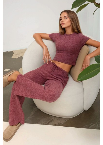 Kadın Bağcıklı Yumuşak Dokulu Örme Pantolon Bordo Kırmızı fiyatları