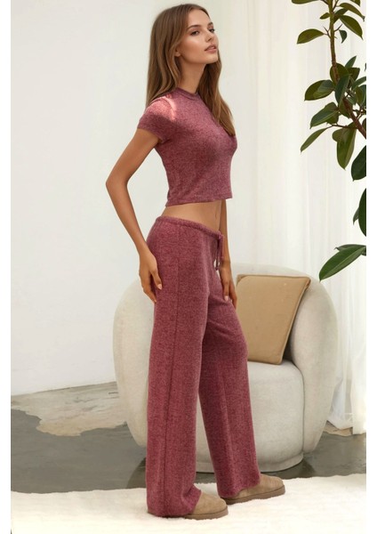 Kadın Bağcıklı Yumuşak Dokulu Örme Pantolon Bordo Kırmızı modelleri