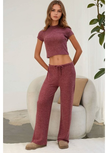 Kadın Bağcıklı Yumuşak Dokulu Örme Pantolon Bordo Kırmızı indirimleri