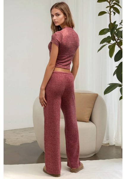 Kadın Bağcıklı Yumuşak Dokulu Örme Pantolon Bordo Kırmızı