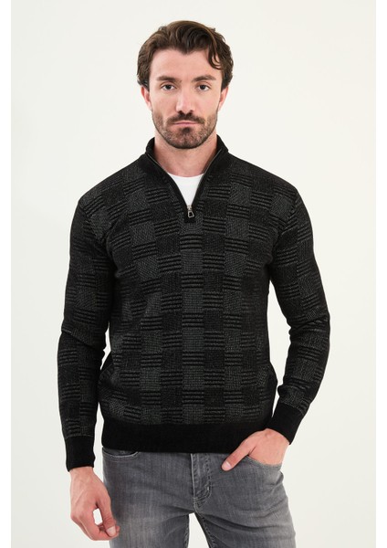 Desenli Slim Fit Fermuarlı Yarım Balıkçı Yaka Şönil Kumaş Erkek Triko Kazak