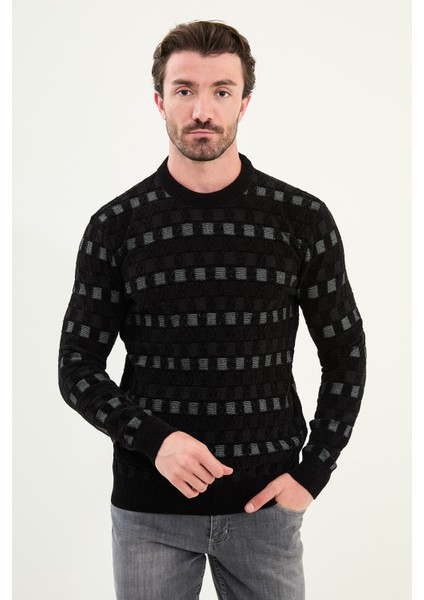 Desenli Slim Fit Bisiklet Yaka Şönil Kumaş Erkek Triko Kazak