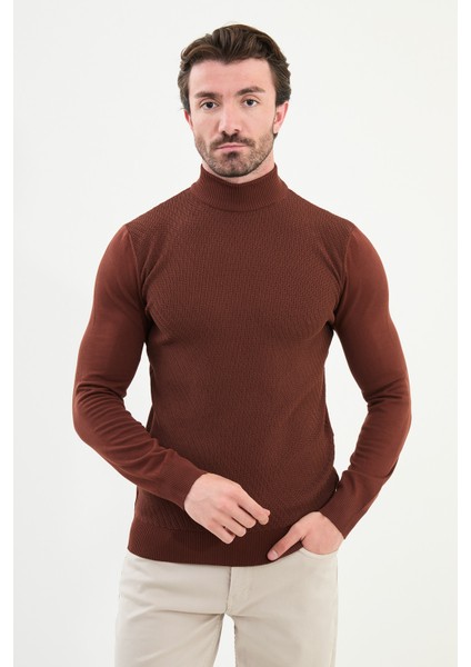 Desenli Slim Fit Yarım Balıkçı Yaka Erkek Triko Kazak