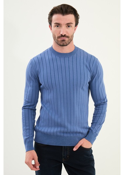 Çizgili Slim Fit Bisiklet Yaka Erkek Triko Kazak