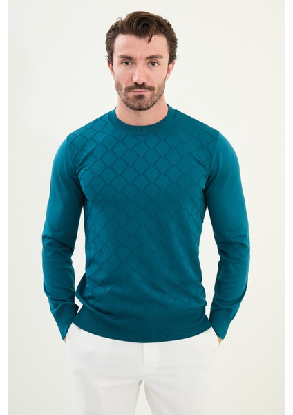 Desenli Slim Fit Bisiklet Yaka Erkek Triko Kazak