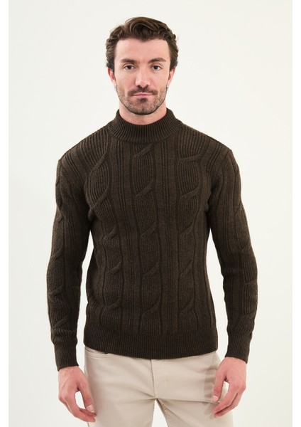 Örgü Desenli Slim Fit Yarım Balıkçı Yaka Yün Erkek Triko Kazak