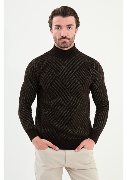 Desenli Slim Fit Yarım Balıkçı Yaka Şönil Kumaş Erkek Triko Kazak