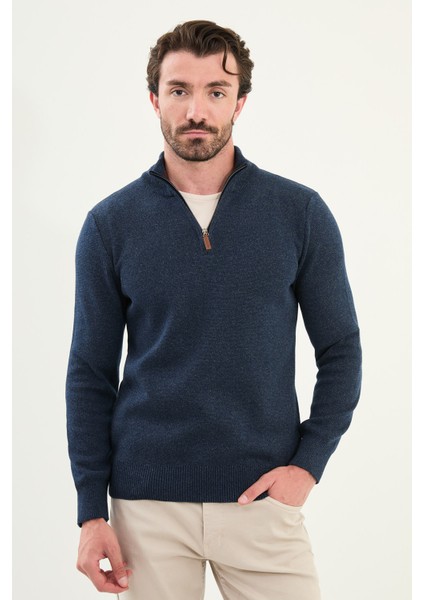 Kırçıllı Slim Fit Fermuarlı Yarım Balıkçı Yaka Erkek Triko Kazak