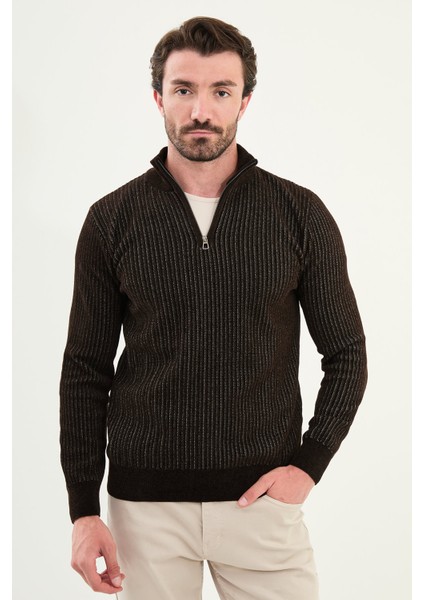 Çizgili Slim Fit Fermuarlı Yarım Balıkçı Yaka Şönil Kumaş Erkek Triko Kazak