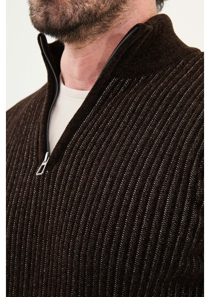 Çizgili Slim Fit Fermuarlı Yarım Balıkçı Yaka Şönil Kumaş Erkek Triko Kazak fiyatları