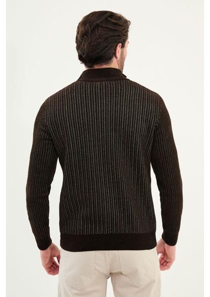 Çizgili Slim Fit Fermuarlı Yarım Balıkçı Yaka Şönil Kumaş Erkek Triko Kazak fırsatları