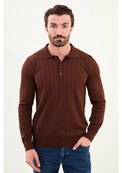 Çizgili Slim Fit Polo Yaka Erkek Triko Kazak