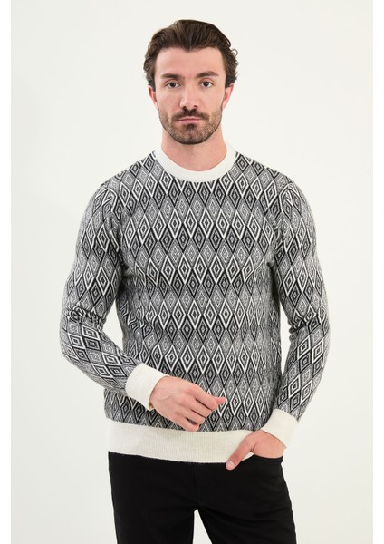 Desenli Slim Fit Bisiklet Yaka Yün Erkek Triko Kazak