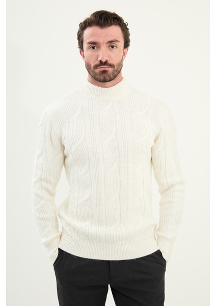 Örgü Desenli Slim Fit Yarım Balıkçı Yaka Yün Erkek Triko Kazak