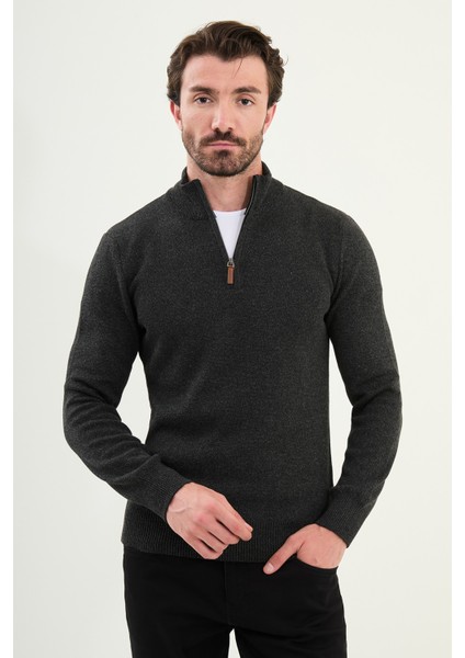 Kırçıllı Slim Fit Fermuarlı Yarım Balıkçı Yaka Erkek Triko Kazak
