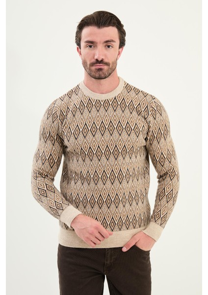 Desenli Slim Fit Bisiklet Yaka Yün Erkek Triko Kazak